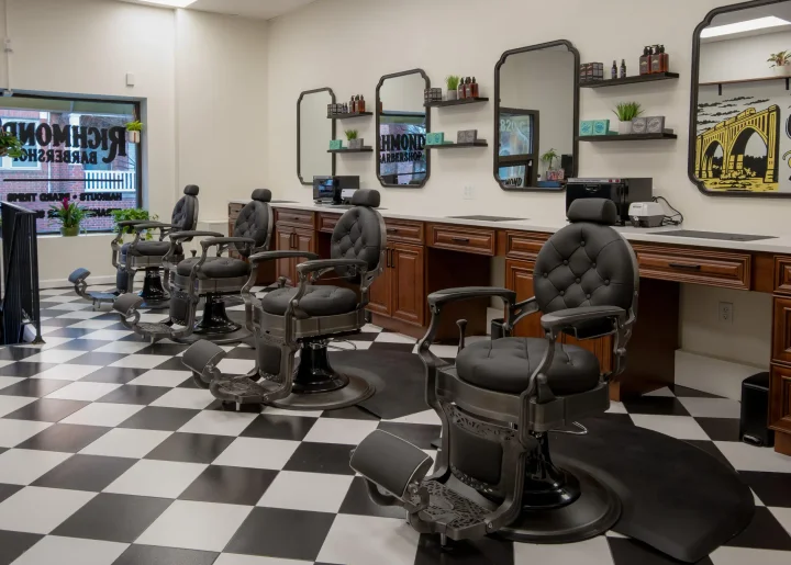 Barber chairs and mirrors inside Richmond Barbershop in Carytown